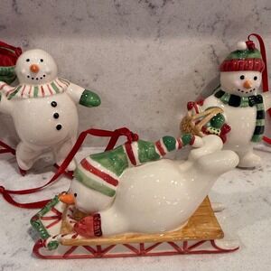 Longaberger 2004 Snowman Sledding Christmas Ornaments‎ Set of 3 Porcelain